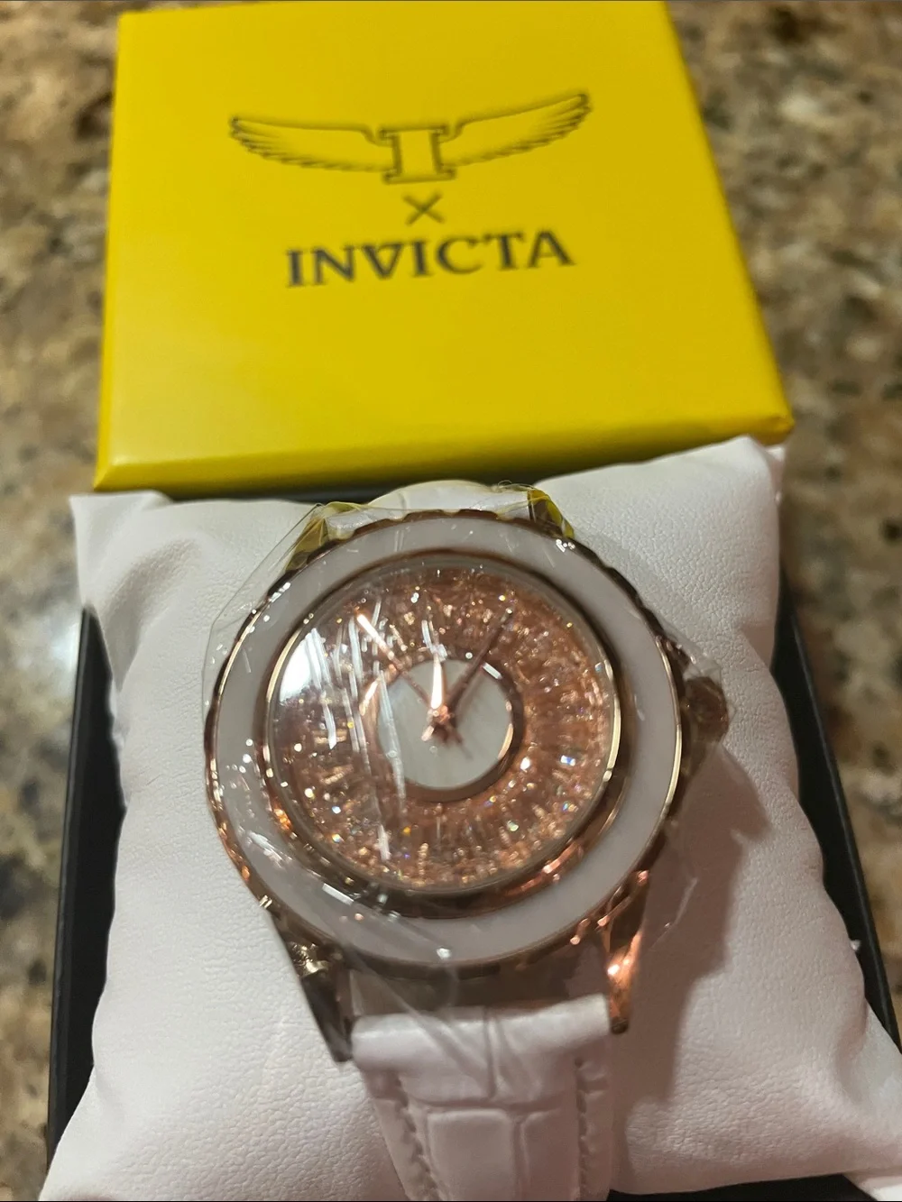 Invicta Celestial Women's White Leather Strap Watch with Rose Gold Dial